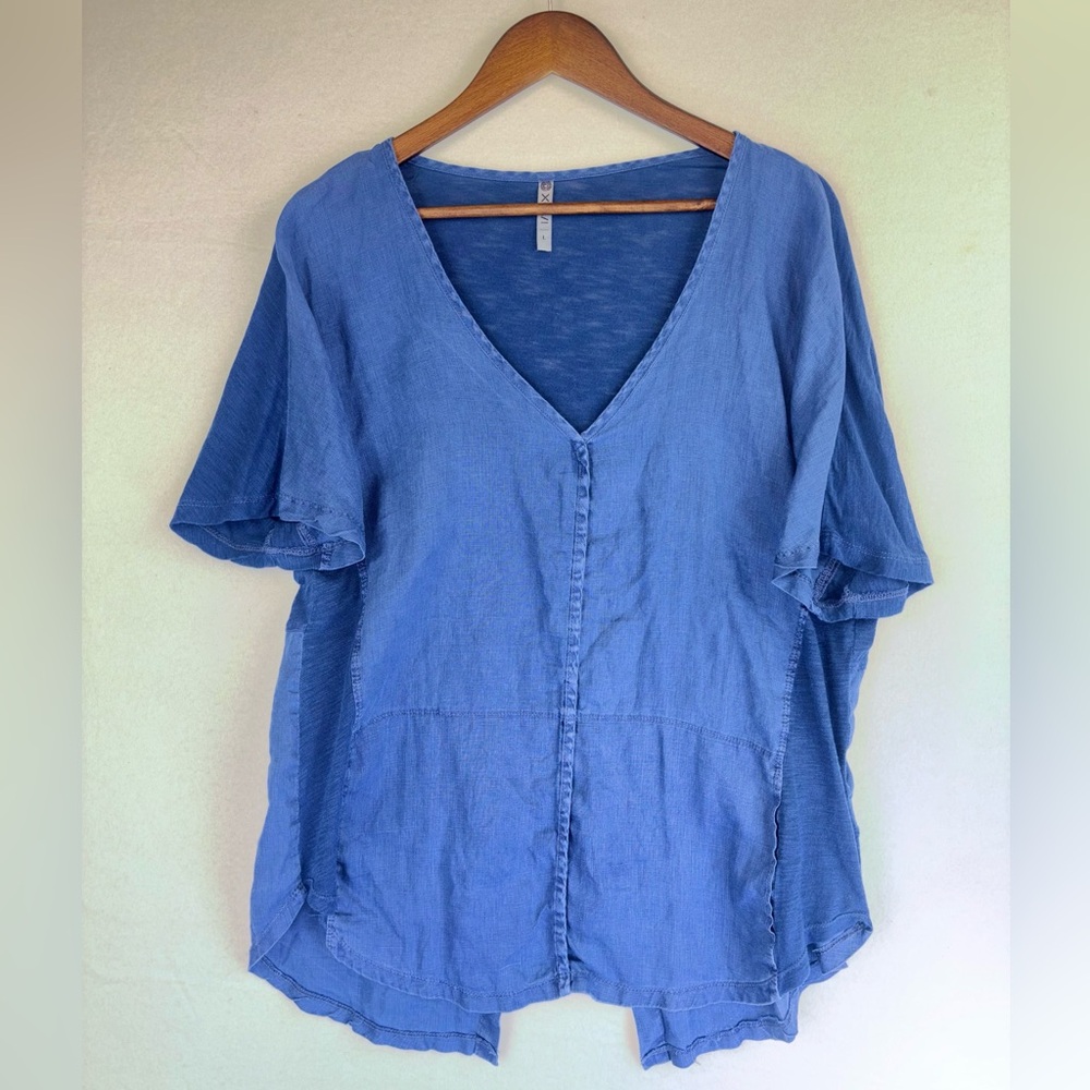 XCVI $118 Linen Chambray Top Short Sleeve‎ Blouse Shirt Breathable V Neck Large